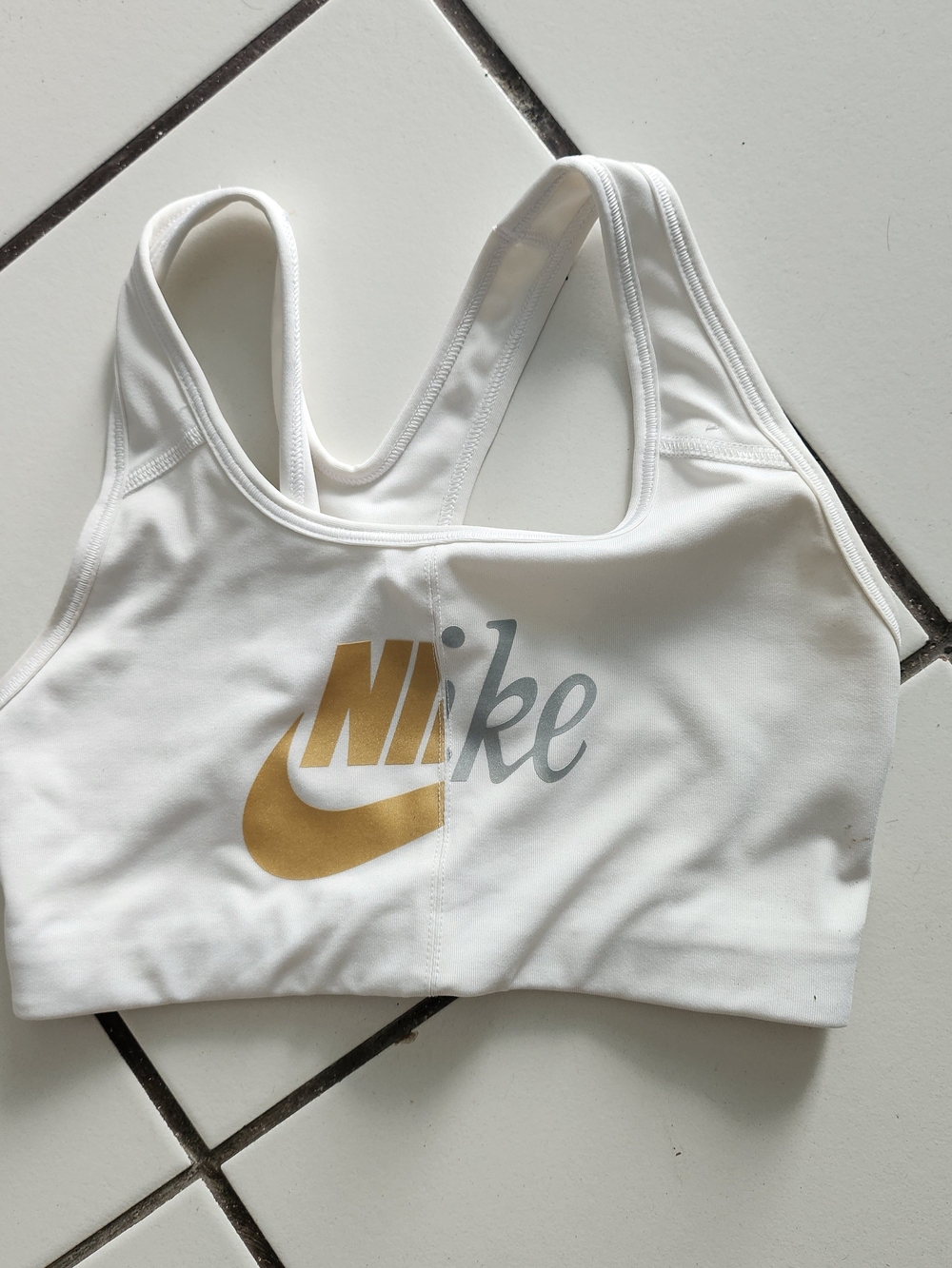 Nike White Sports Bra with Gold and Gray Logo
